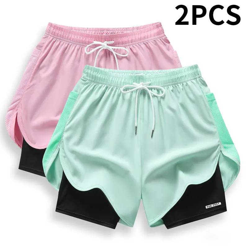 Women's Fitted 2-Piece Everyday Active Athletic Set - Solid-Color Faux Double-Layer Drip Dry Moisture-Wicking Breathable Fabric, Side Mesh Pockets, Includes Plain Pocket Women's Sports Shorts (Sports & Outdoor Clothing)