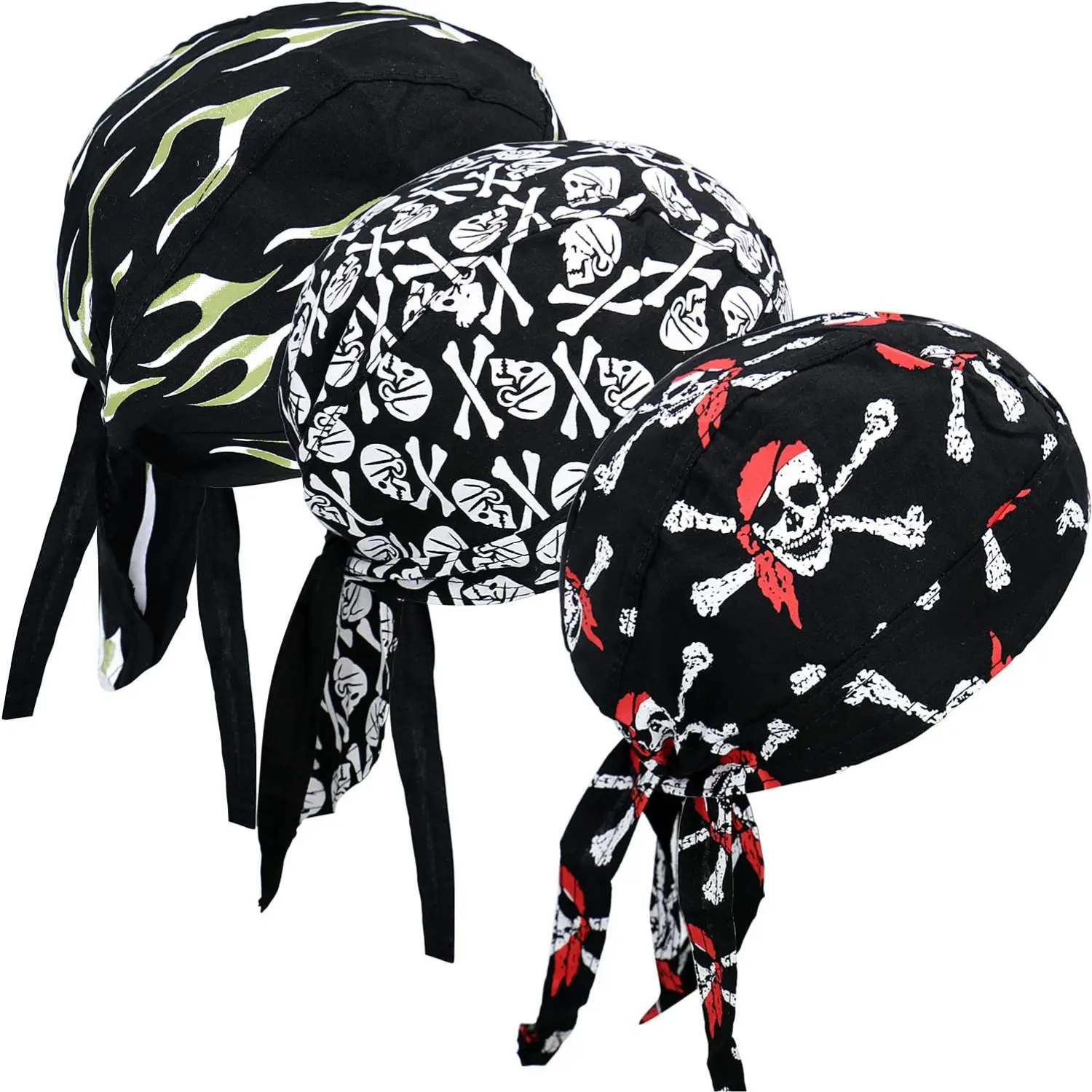 Men's 3-Pack Graphic Cotton Skull & Flame Skull Caps - Fitted Stretch Outdoor Sportswear, Lightweight, Quick-Drying, Water-Absorbent, Unisex Durag Helmet Liner, Breathable for Sports, 1 Size (Male/Female Compatible), One Size