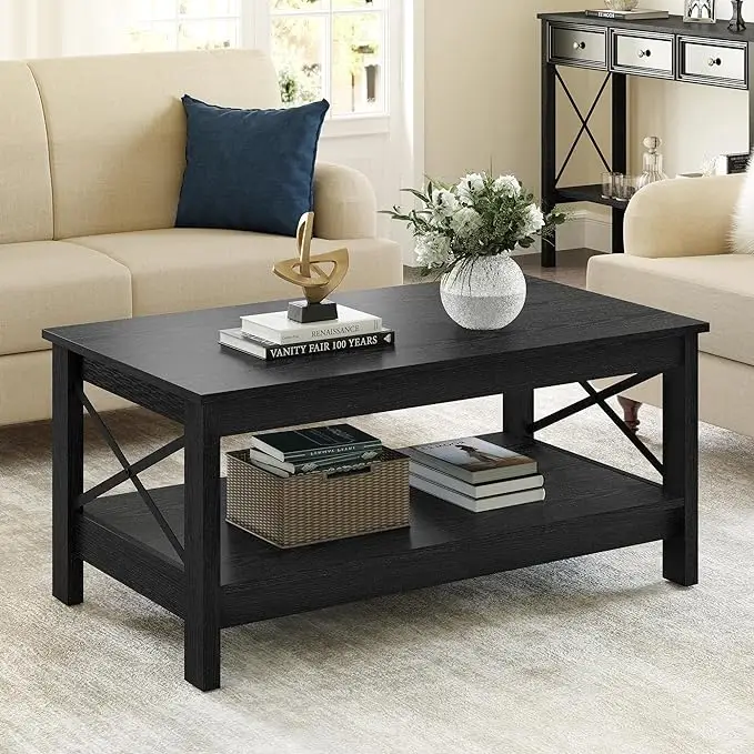 Yitahome Coffee Table for Living Room, with Storage space ,2-Tier Center Table for Living Room Wood Table Accent Cocktail with Sturdy Frame,Black