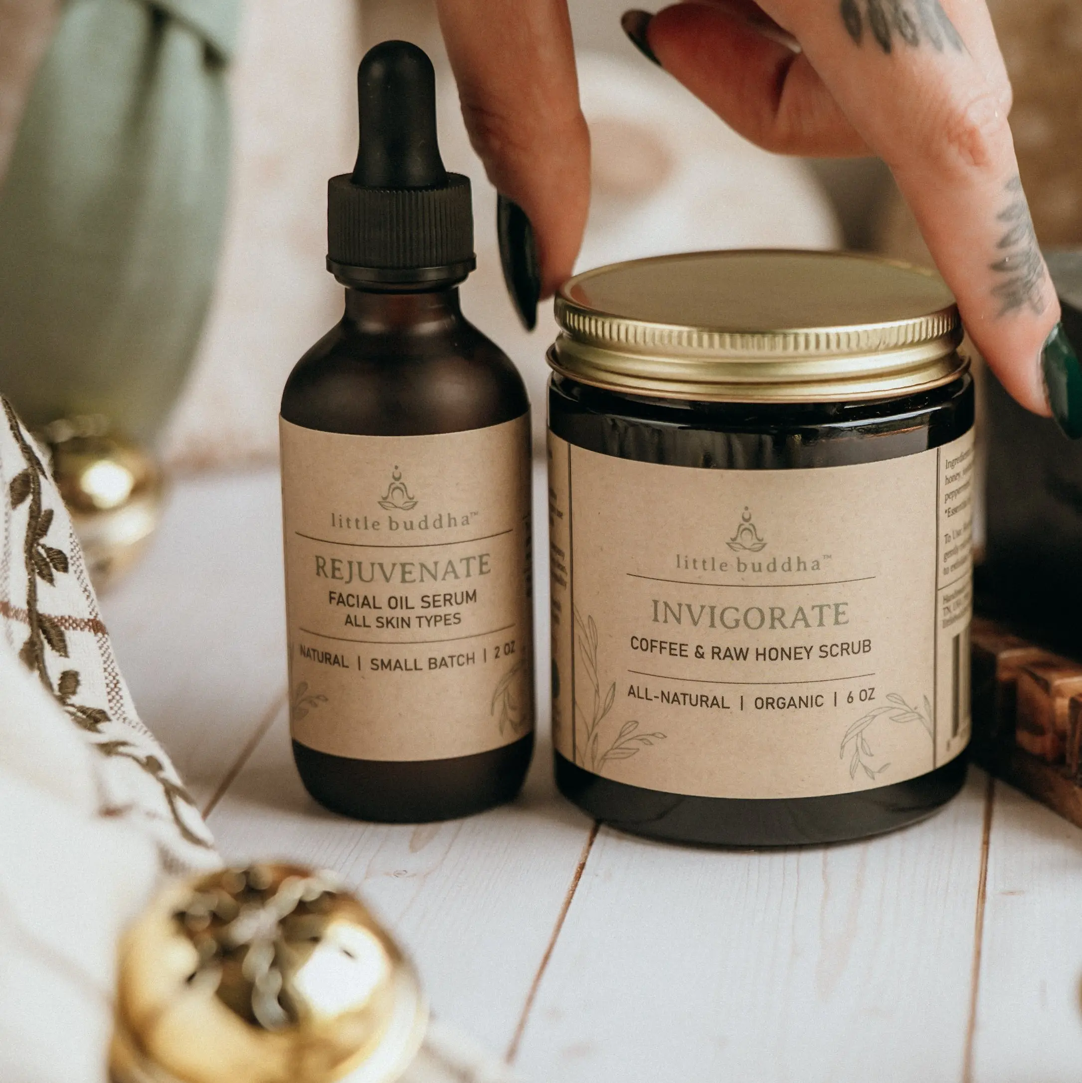 Little Buddha Calm Face Bundle - 2-Step Routine for Clearer Skin with Invigorate Coffee & Raw Honey Scrub & Rejuvenate Facial Oil