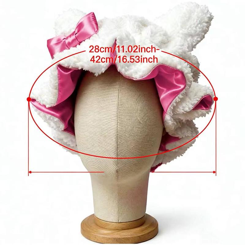 Worm Winter Luxurious White Teddy Bear Hat with Satin Adjustable 3D Texture Plush for Women Hair Care Sleep Bonnet Holiday Party Stylish Cute