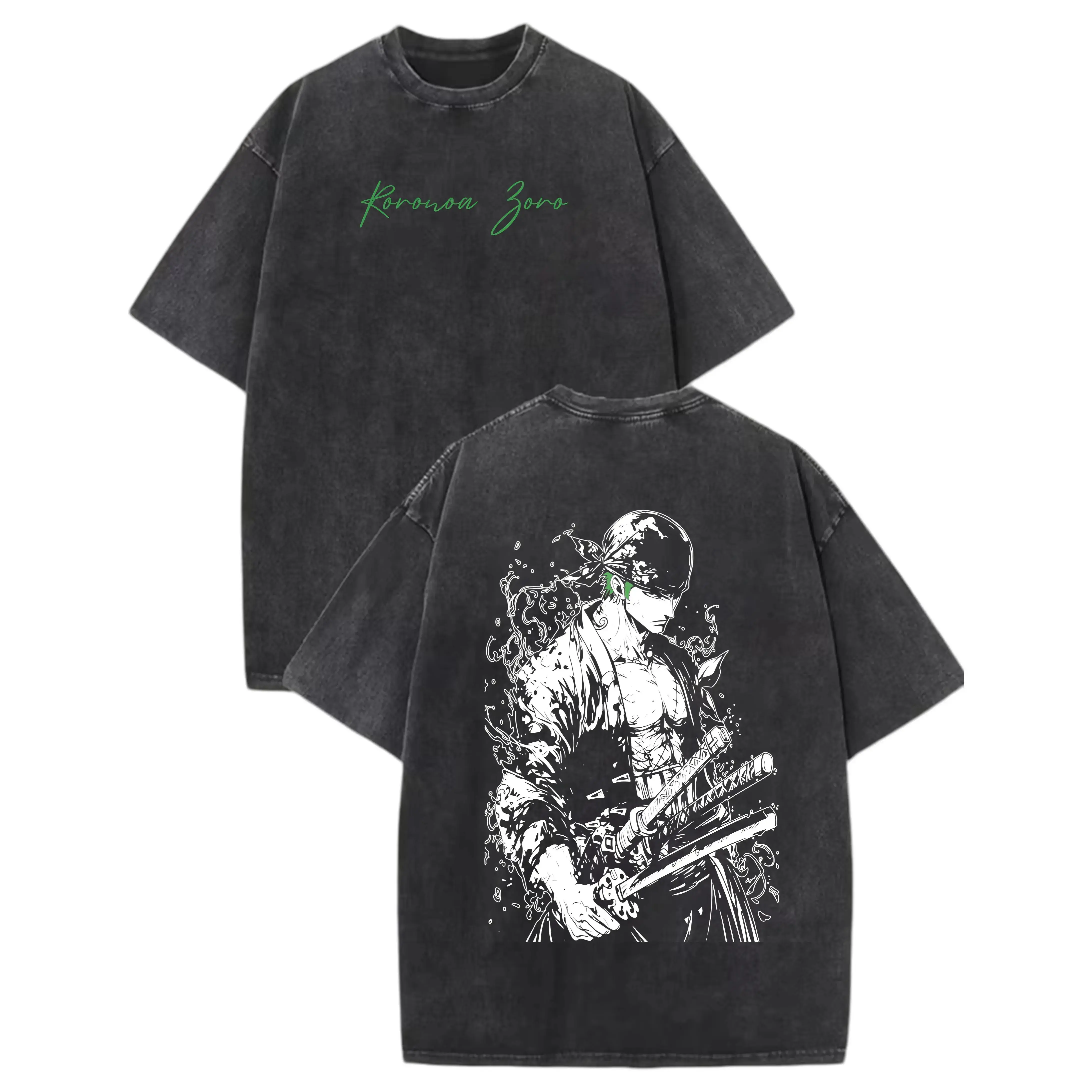 One Piece Roronoa Zoro Graphic T-Shirt, Vintage Washed Distressed Oversized Anime Tee, Retro Samurai Swordsman Three-Katana Streetwear Top for Men Women, Anime Lover & One Piece Fan Gift Shirt Crewneck Menswear Sleeve Tshirt