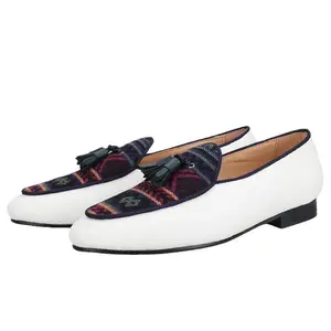Men's Loafers in Classic Handmade Leather Tassels, Ivory Color Canvas Mix Ethnic Style Cotton