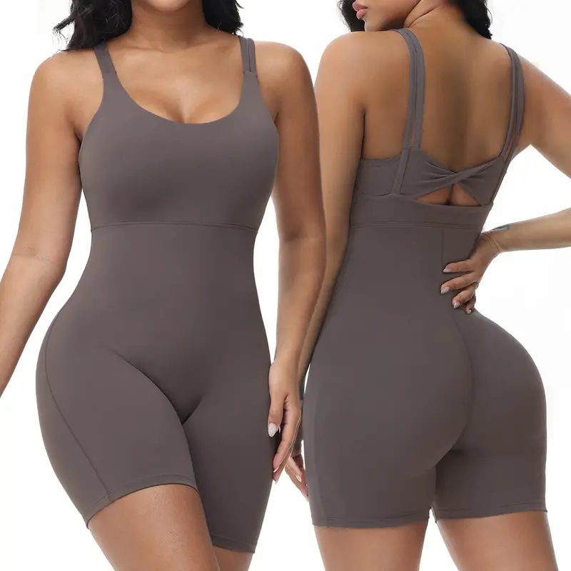 Women's One Piece Jumpsuit Sleeveless Short Bodycon Rompers Back Knotted Yoga Workout Bodysuit tracksuit set high waist legging