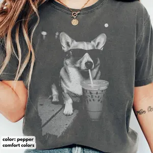 Comfort Colors Corgi Drinking Iced Coffee Shirt, Vintage Dog Sweatshirt, Tricolor Corgi Shirt, Dog Dad Unisex, Dog Lover Shirt Gift1 Womenswear Tops