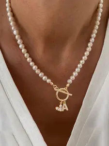 Faux Pearl Decorated Initial Necklace for Women, Elegant Stainless Steel Toggle Clasps Necklace for Party, Daily Decor, Trendy All-match & Exquisite Jewelry for Birthday Gift