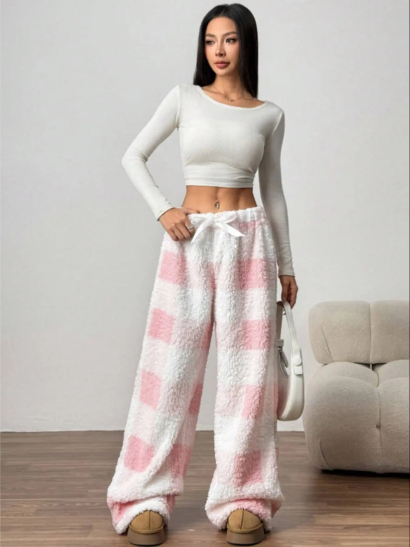 Women's Winter Vintage Plaid Loose-Fit Warm Casual Style Pants, Elastic Waistband Straight Leg Thickened Fabric One Piece Set, Womenswear