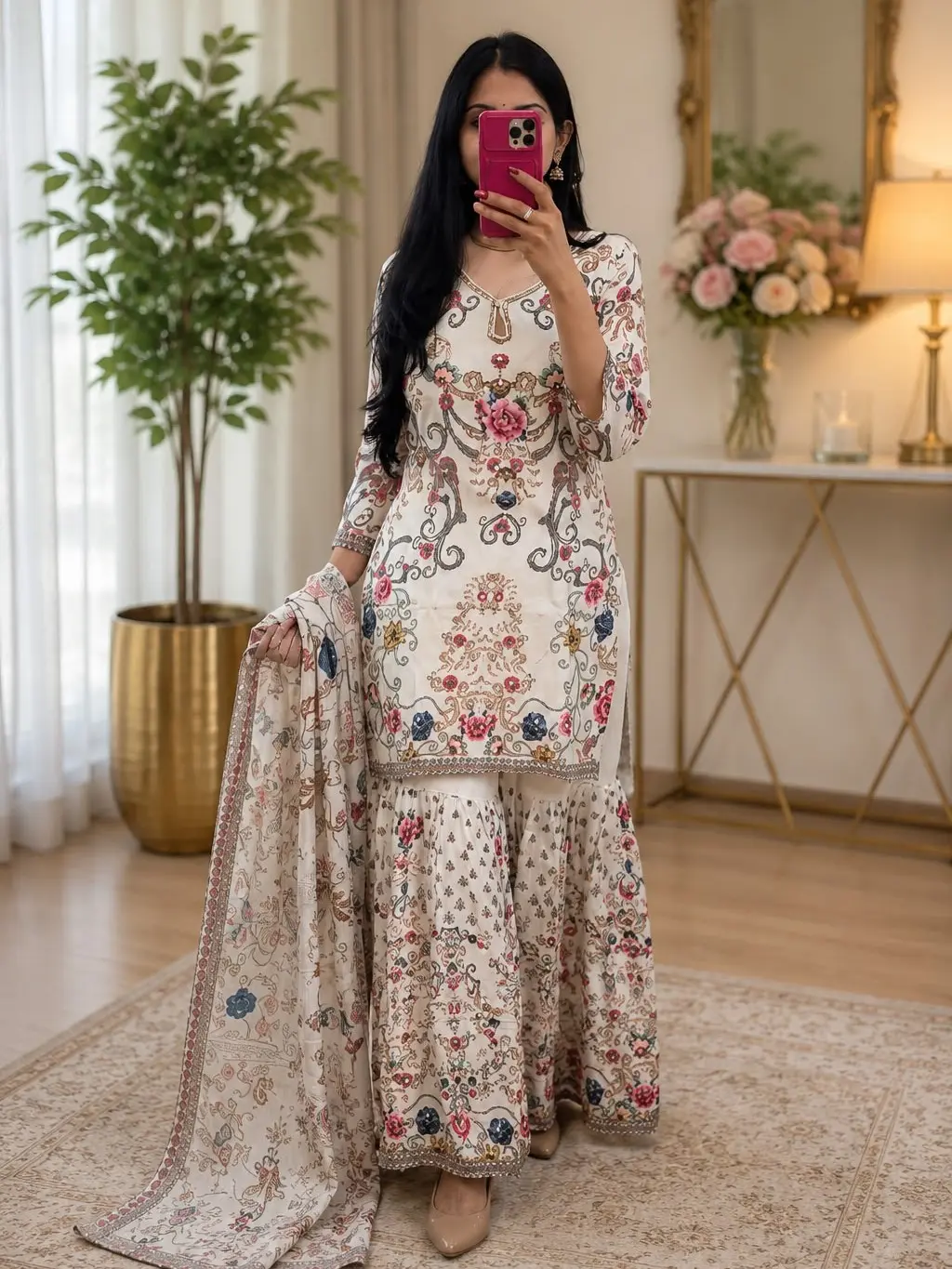 Pure Crepe Garara suit with embroidery Floral Lightweight