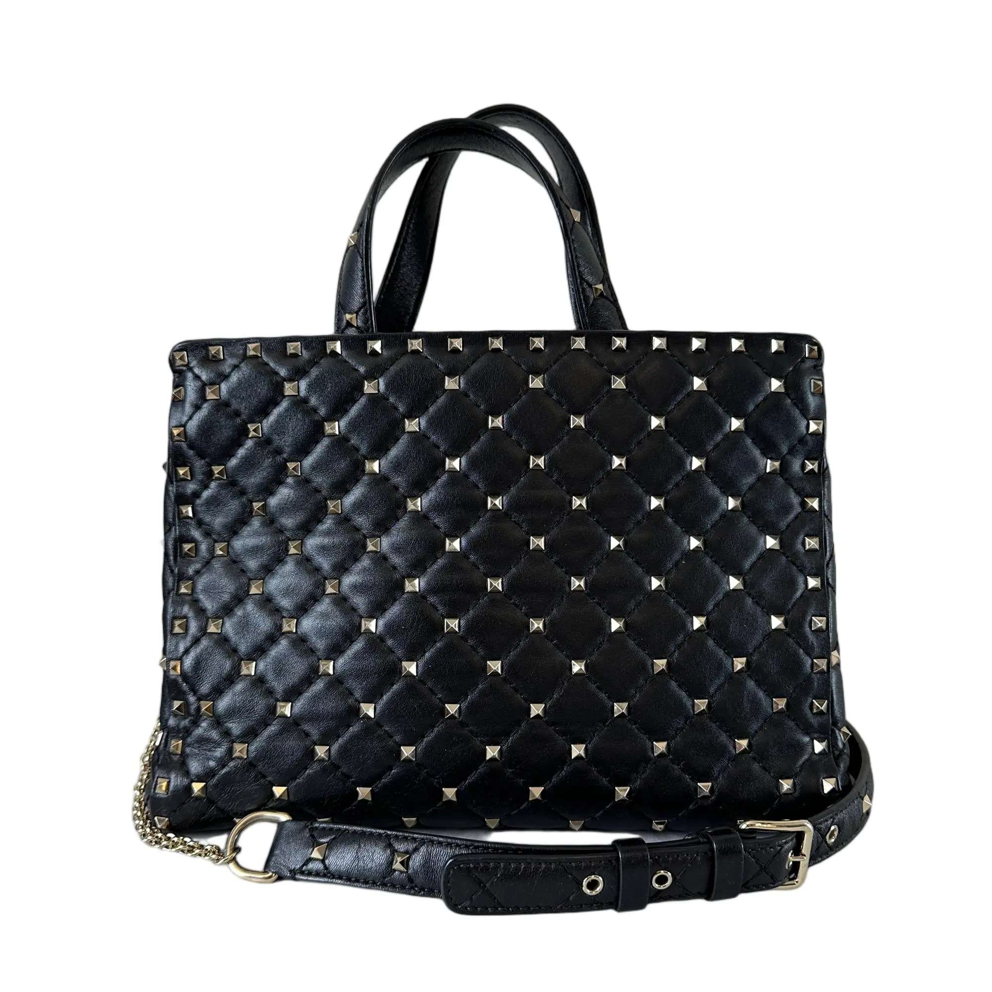 Pre-owned Valentino Leather Top Handle Bag Rockstud Spike Black Quilted 82828195