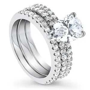 BERRICLE Sterling Silver Solitaire Hidden Halo Engagement Rings Statement Stackable Band for Women, 1.8 Carat Pear Cut Cubic Zirconia CZ Ring Set
