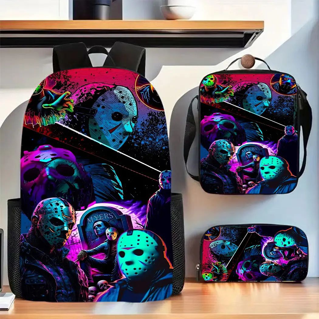 3-piece set of horror Jason mask themed large-capacity Oxford cloth travel bag, with laptop compartment, unisex school backpack with pencil case and crossbody bag, hand washable - suitable for daily commuting for both men and women, convertible backpack a