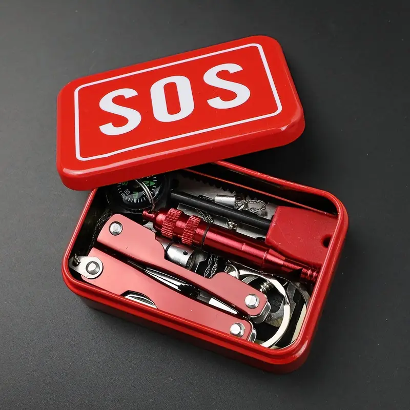 SOS Emergency Survival Kit - Red Metal Box with Multi-Tool, Flashlight, Compass, and Essential Gear for Outdoor Adventures