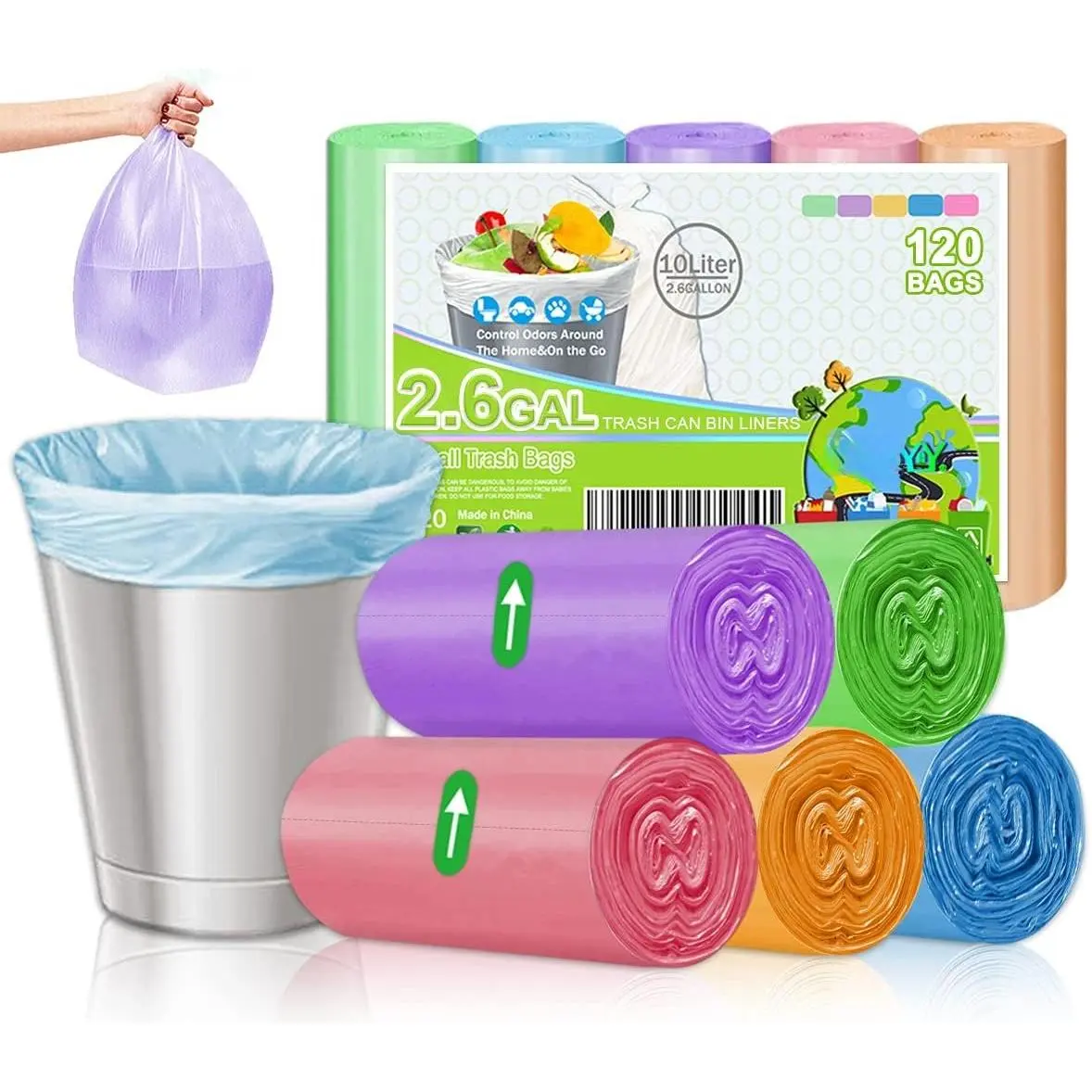 Small Garbage Bags 2.6 Gallon Colorful  Trash Bags,120 Counts Bathroom Garbage Bags Unscented Wastebasket Liners for Office, Bedroom,Living Room 7-10L