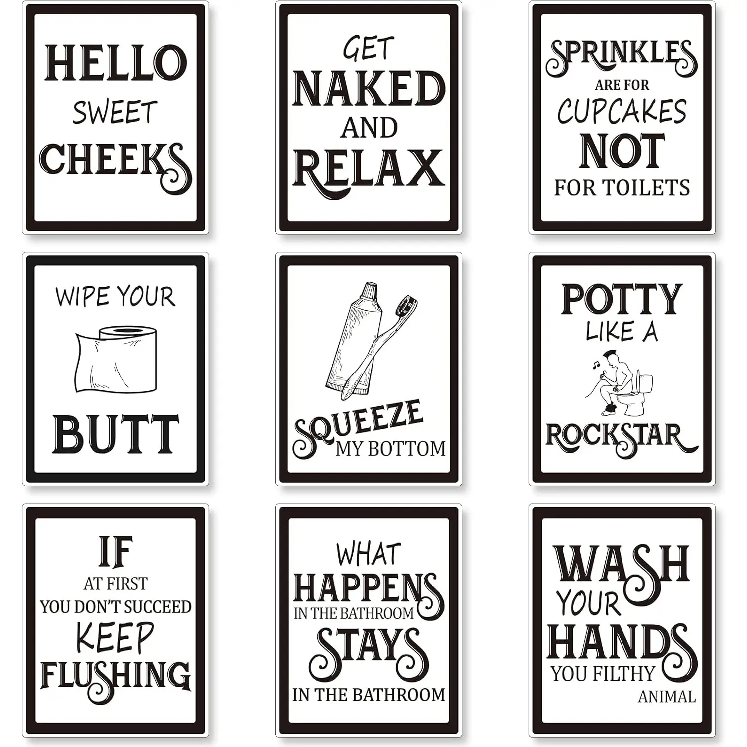 9 Pieces Bathroom Wall Decor, Funny Vintage Bathroom Signs Washroom Quotes Sayings Art Prints Washroom Posters for Wall Restroom Toilet Decoration Pictures, Unframed(Black Font)
