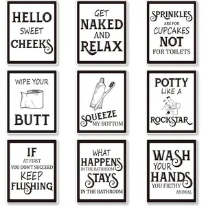 9 Pieces Bathroom Wall Decor, Funny Vintage Bathroom Signs Washroom Quotes Sayings Art Prints Washroom Posters for Wall Restroom Toilet Decoration Pictures, Unframed(Black Font)