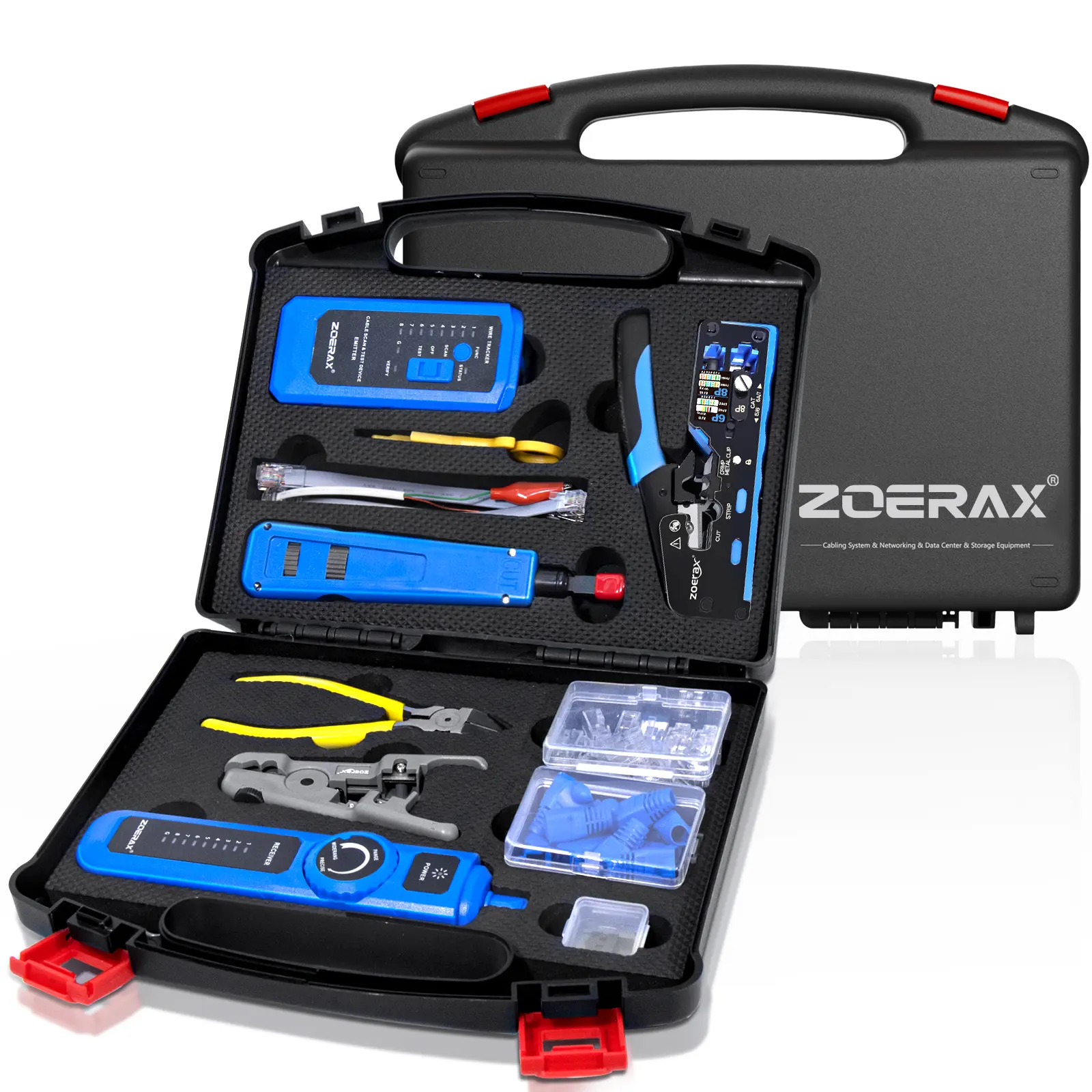 Zoerax M11 Tool Kit - RJ45 Crimping Pliers, Cat6 Straight-Through Connectors and Sheaths, Cable Tester, Wire Strippers, Ethernet Crimping Pliers, Professional Networking Tool Kit, Electrical Gift, Holiday Gift