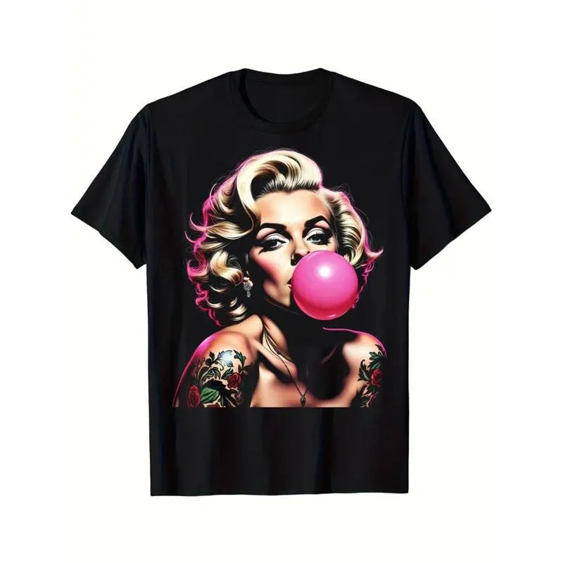 Women's Vintage Pin-Up Tattoo Graphic T-Shirt, Soft Cotton Crewneck Clothes, Short-Sleeve Streetwear with Bubblegum Design, Yarn Fabric Casual Summer Top, Ideal for 2 Usage Scenarios and Gifting