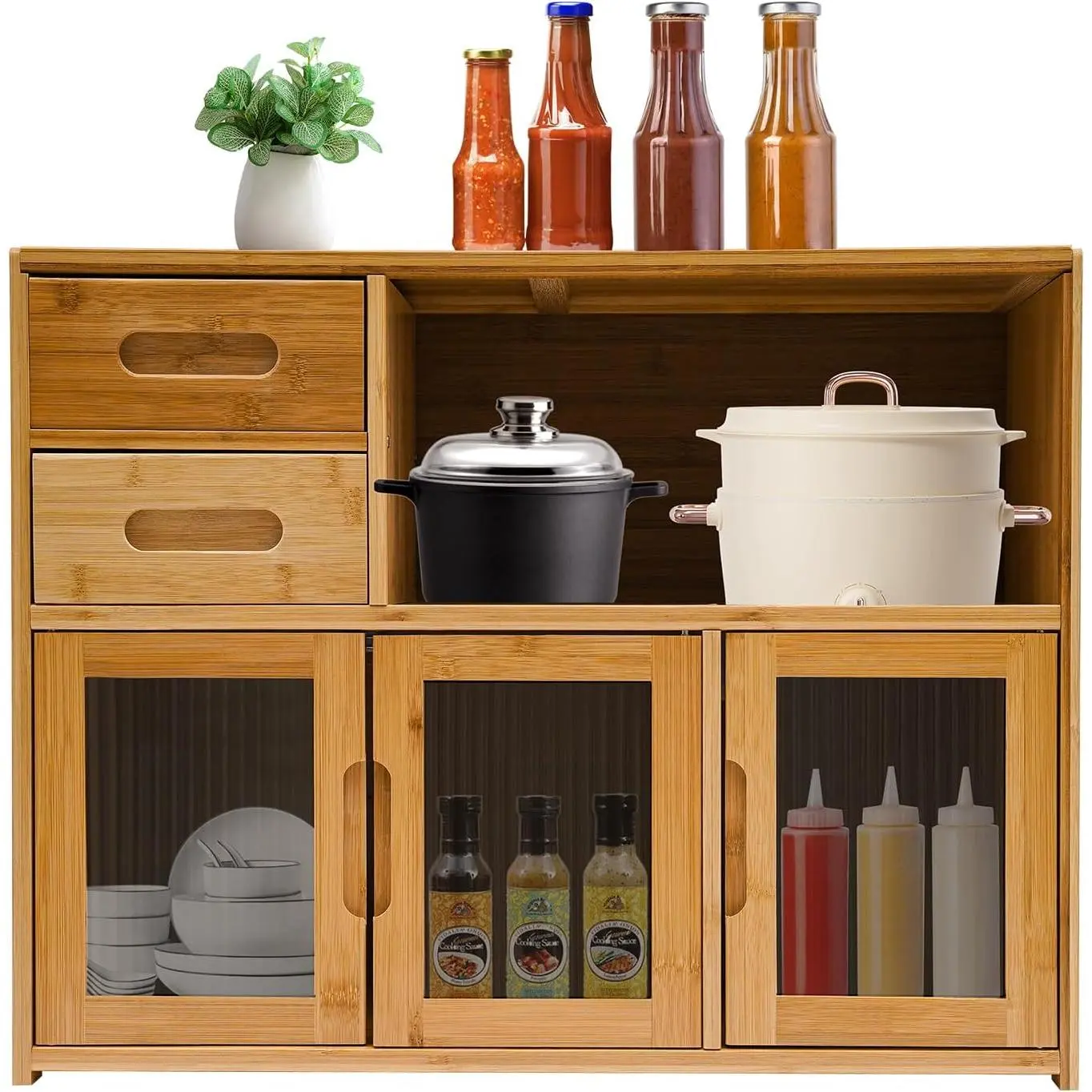 Sturdy Wood-Bamboo Floor-Mount Countertop Cabinet Pantry Sideboard - Assembly Required, Space-Saving, Rust-Resistant, with Drawers & Doors, Painting-Ready, Above 25 kg, for Kitchen, Dining Room, Restaurant Tableware & Spices Storage (24.4x9x18.9in)