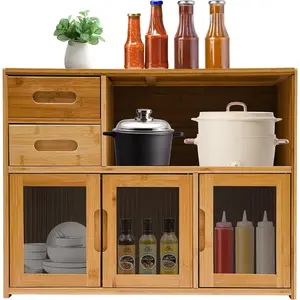 Bamboo Countertop Cabinet Pantry Sideboard with Drawers and Doors Kitchen Storage Cabinet Organizer for Tableware Spices Daily Necessities (24.4x9x18.9in)