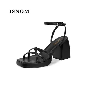 ISNOM Platform Block Heels Women Comfortable Strappy Heels Short Block Chunky Sandals Ankle Strap Simple Summer Heeled Sandals Square Toe