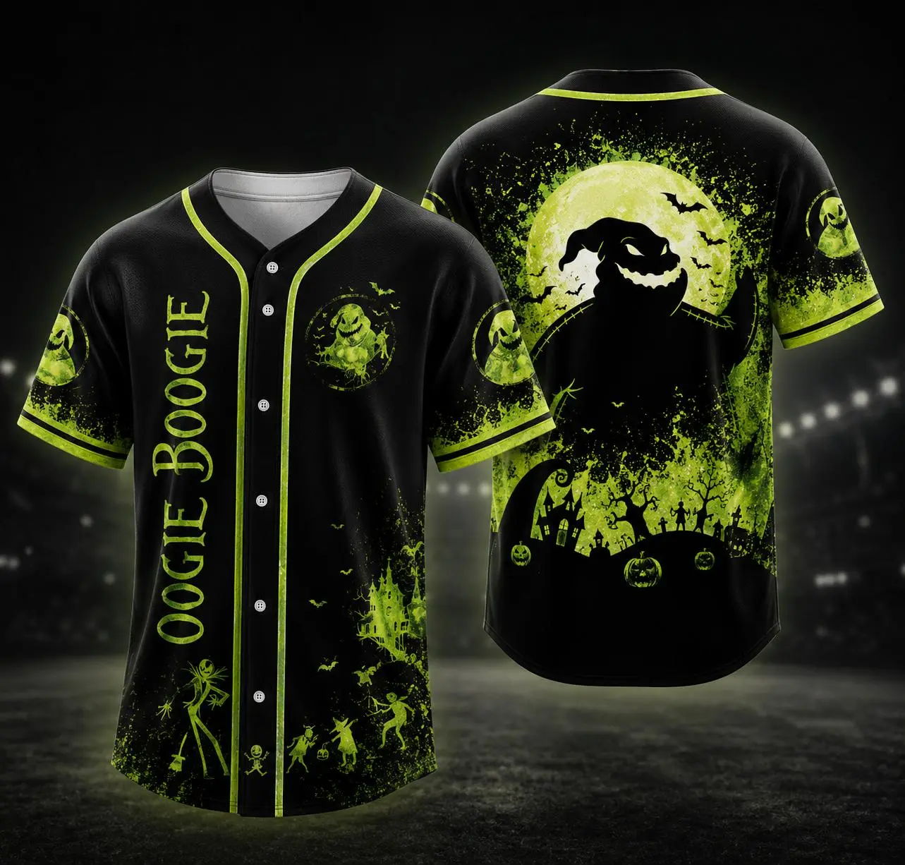 Halloween Boogeyman Baseball Jersey, Neon Green Spooky Character Button Up Shirt, Horror Halloween Graphic Jersey, Unisex Costume Party Top, Haunted Night Fan Gift