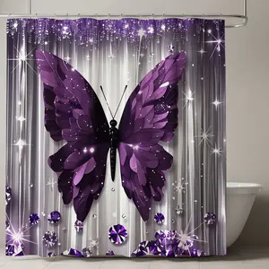 Butterfly Bliss Shower Curtain, & Violet Wings, Silver Color Background, Sparkling Gemstones, Bathroom Decor, Special Occasions
