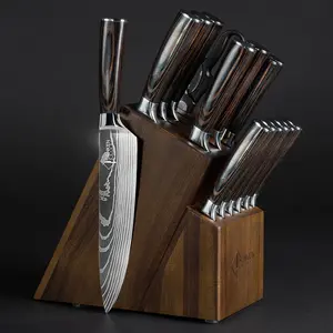 16-Piece Natural Acacia Wood Kitchen Knife Block Set - Damascus Pattern Chef Knife Set, Steak Knives, Kitchen Shears - Pakka Wood Handles - Senken Knives "Imperial" Collection