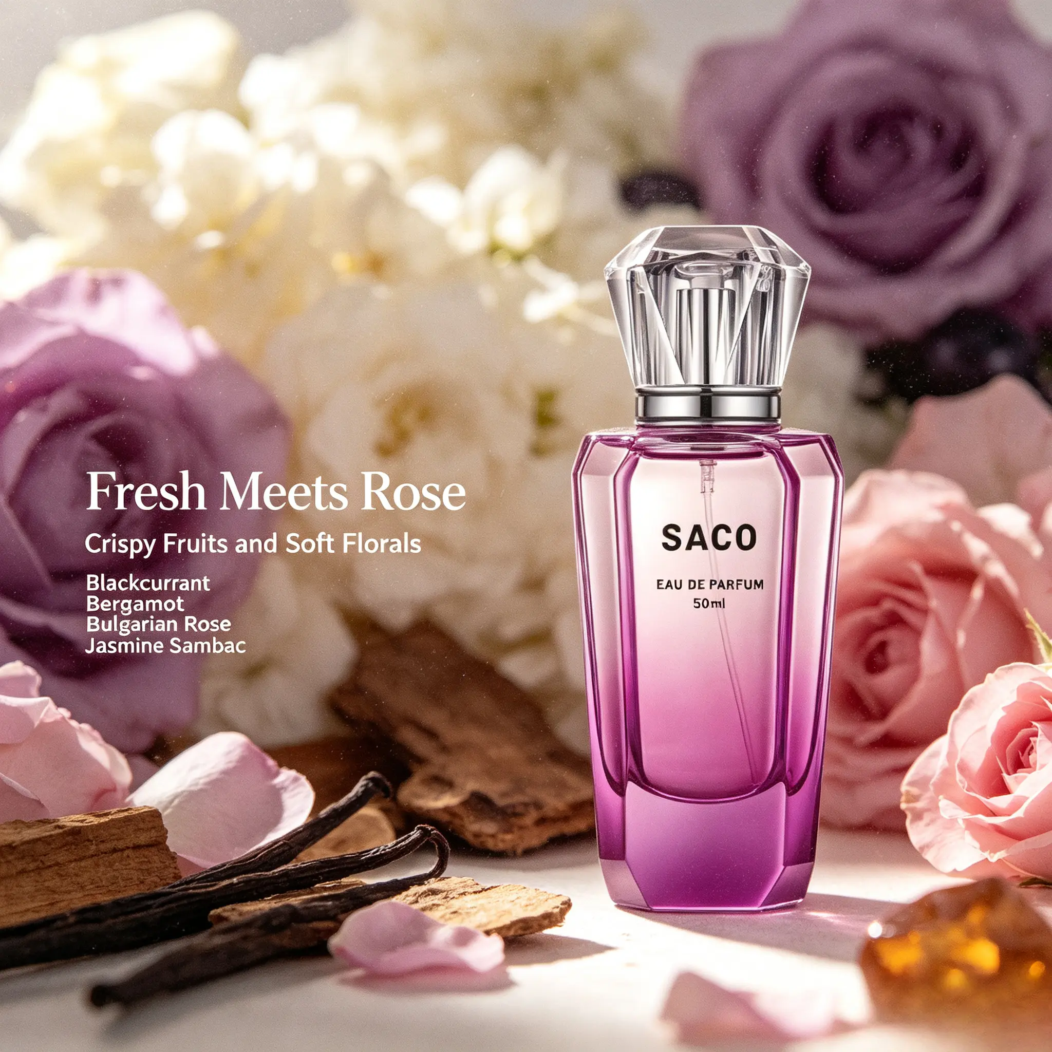 SACO Quiet Luxury Rose 50ml EDP, Gradient Purple Bottle Crystal Cap Woody Floral Perfume, Long-Lasting Scent for Office Dates Daily Gifting, Elegant Fragrance for Modern Urban Women & Rose Fragrance Lovers