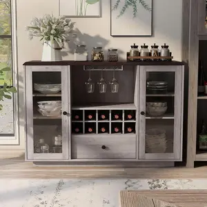 24/7 Shop At Home Alaysha Farmhouse Coastal White 46-inch 6-Shelf Buffet Sideboard with Wine Bottle Holder, Stemware Rack, 1 Drawer for Dining Room, Kitchen