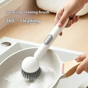 6-in-1 Dish Brush with Detergent Dispenser Features adjustable angle and rotating scrub function, suitable for cleaning pots, pans, dishes and utensils. Comes with wall mount, ideal for use on sink, stove and cookware in the kitchen Cleaning Supplies