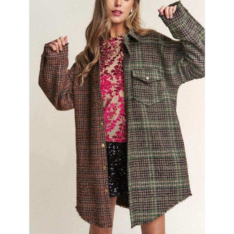 Women's Casual Jacket Vintage Snap Down Tweed Plaid Contrast Longline Shacket Misty Forest Long Sleeve Button-Down Oversized Fit Frayed Hem Comfy And Stylish Perfect For Spring/Fall/Winter Layering Everyday Wear.