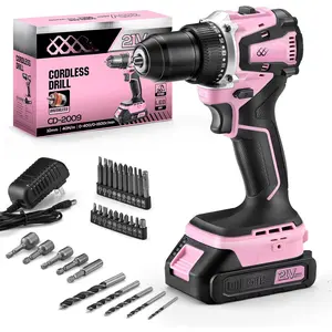 21V Lithium-Ion Cordless Drill Set, Brushless, Compact Type, including , Charger and 3/8-inch Keyless Chuck; Cordless Lithium-Ion Drill Kit (Pink)