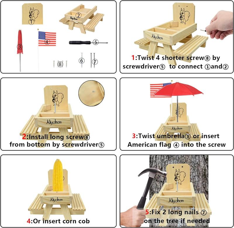 Upgraded Squirrel Feeder for Outside Picnic Table with Umbrella and Flag, Corn Cob Holder & Peanuts Seeds Loader, Gift for Squirrel and Chipmunk Lovers, Garden Ornaments, Squirrel House