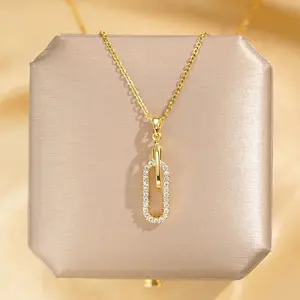 Elegant Inlay Paper Clip Oval CZ Pendant Necklace