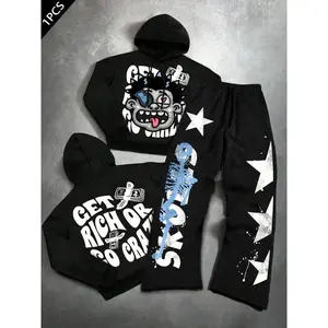 Men’s and women’s long-sleeve straight-leg pants set, fashion casual street style, American retro cartoon print, high-quality daily wear