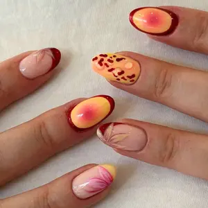 24pcs Dopa Short Oval Leopard Floral Nail Art, Reusable Press-On Nails, Full Coverage Acrylic Fake Nails for Women and Girls