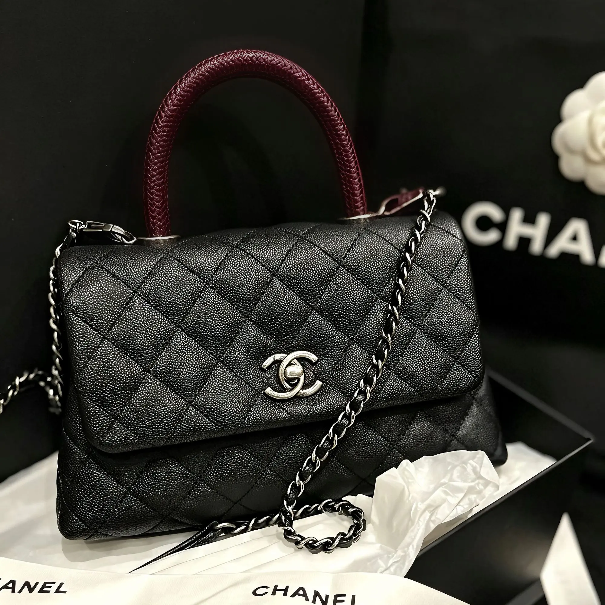 Pre-owned CHANEL Coco Handle black&silver burgundy top handle Crossbody Bags 3652