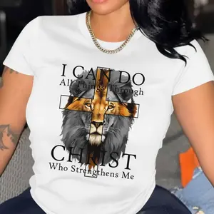 Womens Christian Graphic Tee Short Sleeve Crewneck Faith Shirt Lion Cross Print Casual Loose Fit Summer Top for Church Worship Prayer and Everyday Wear