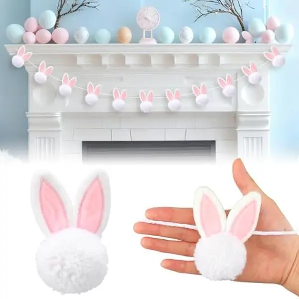 8.2ft Soft Easter Bunny Garland, Cotton Thread or Short Plush Material with Felt Ears, White & Pink Holiday Ornaments Photo Prop Gift for Home Decor, Spring Party Wall Fireplace Mantle Indoor Outdoor Use, Homedecor