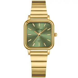 Women’s Square Dial Gold Watch Elegant Minimalist Design Quartz Green Dial Fashionable Colors Bracelet Waterproof Watch