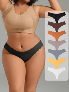 HOTCOM Plus Size Women's Solid Color Scallop Trim Thong, Casual Soft Comfy Breathable Seamless Panty for Daily Wear, Women's Underwear for All Seasons