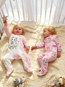 Baby Girl Comfortable Cute Footie Onesies Set, Toddler Outfit, Cat and Leopard Print Doll Collar Long Sleeve Footed Pants, Newborn and Toddler Fashion