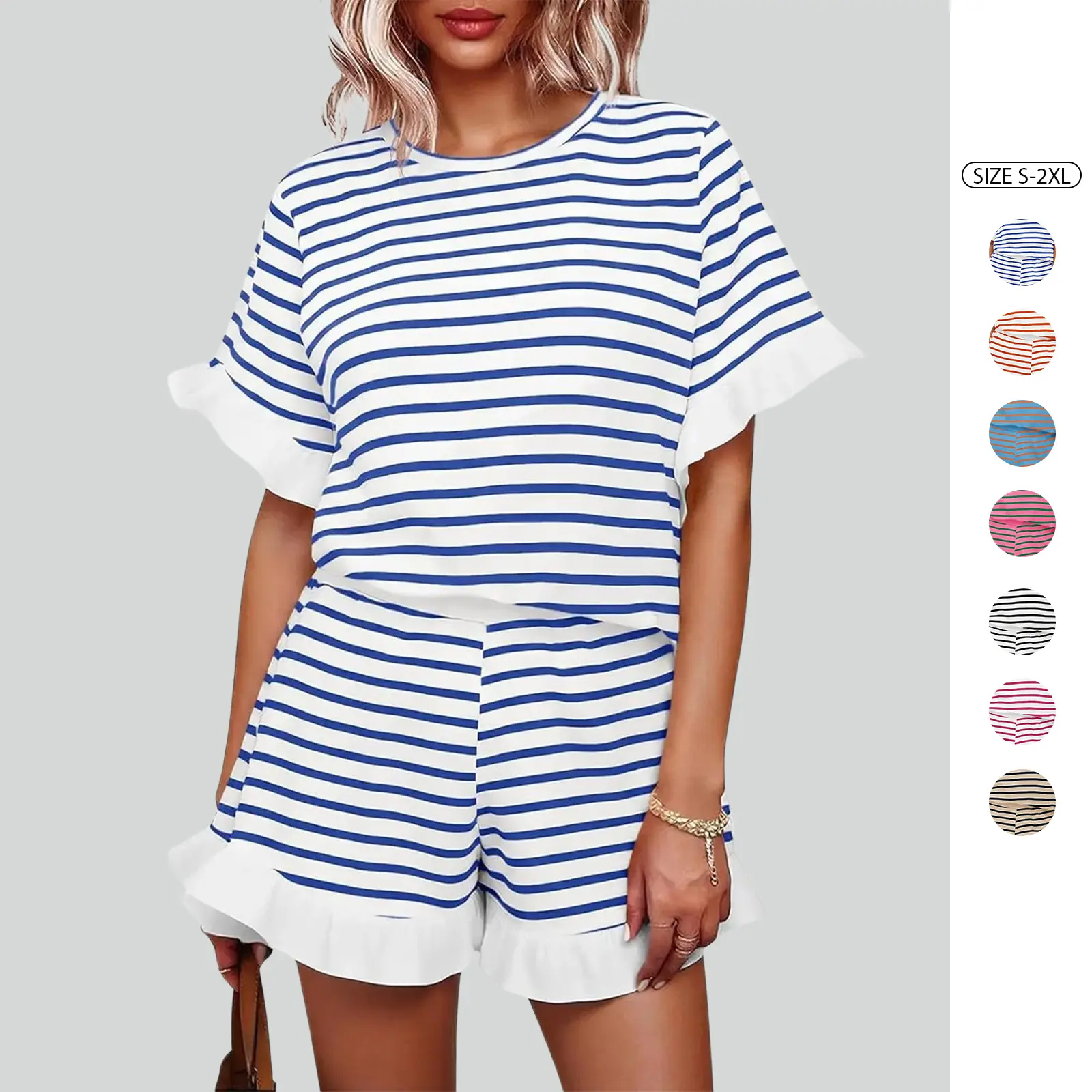 Imily Bela Womens 2 Piece Striped Shorts Set Ruffle Short Sleeve Tops Hight Waist Shorts Matching Sets Summer Vacation Outfits Imily Bela Womens 2 Piece Striped Shorts Set Ruffle Short Sleeve Tops Hight Waist Shorts Matching Sets Summer Vacation Outfits