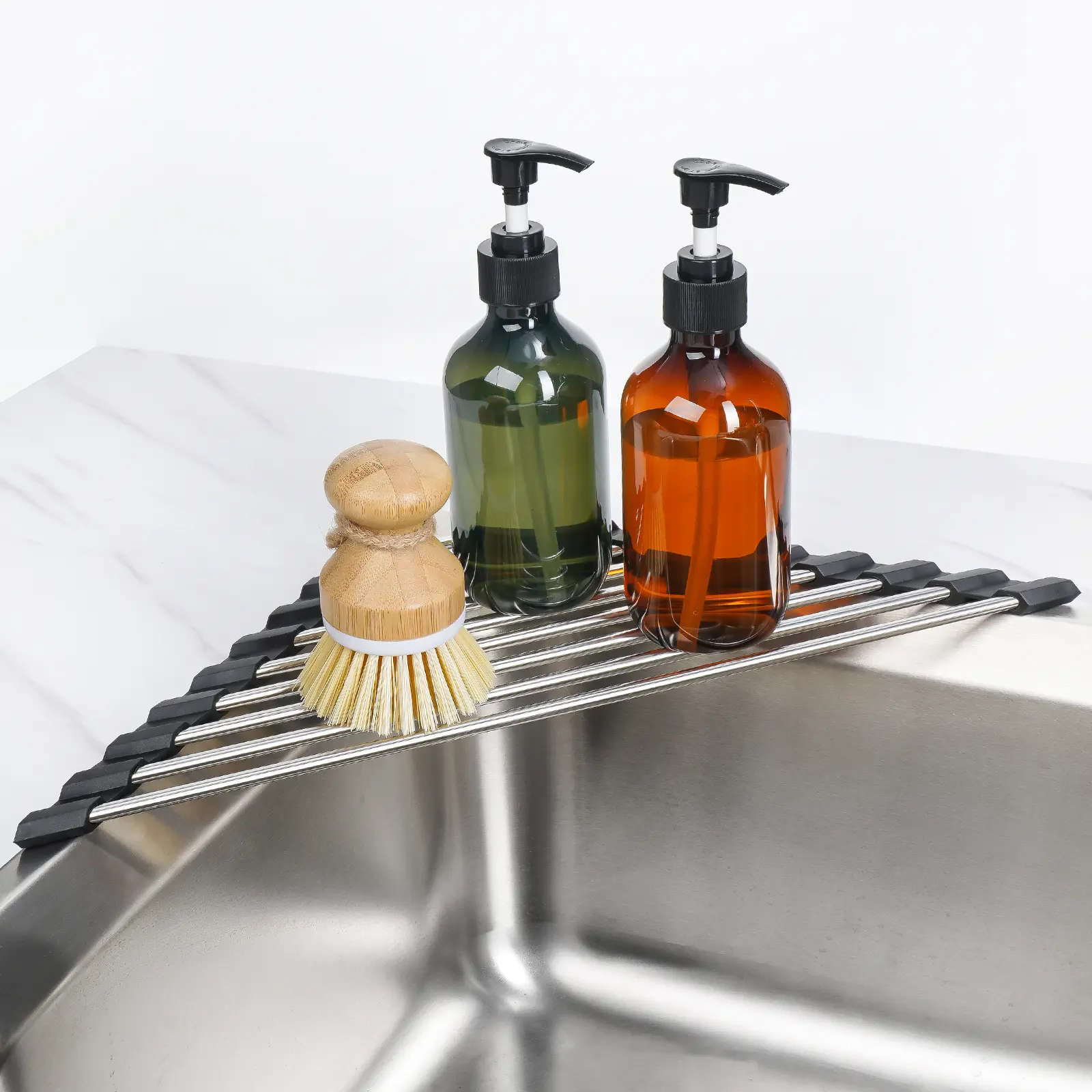 Tomorotec Adjustable Expandable Stainless Steel Triangle Roll-Up Sink Corner Drainer - BPA-Free Sink Organizer, Space Saver Countertop Dishes Holder with Sponge Holder, Anti-Slip Anti-Rust Draining Boards, Heavy Load, Heat-Resistant Up to 550°F (Black), C