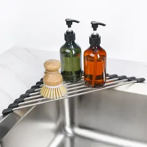 Tomorotec Stainless Steel Triangle Roll-Up Dish Drying Rack for Sink Corners Kitchen Drainer (Black) finnish drying rack organizer sponge  holder