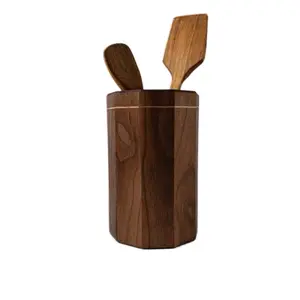 Walnut Wooden Kitchen Utensil Holder with Decorative Maple Strip, Unique Kitchen Storage Solution