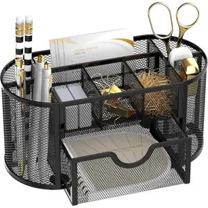 Mesh Desk Organizer, Desk Accessories & Workspace Organizers with Drawers, Pencil Holder for Desk with 9 Compartments for Office Supplies, School, Classroom, 8.6 x 4.3 x 4.1 Inch, Black