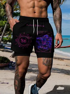 Men's Sleep Pattern 2-In-1 Gym Shorts, & Neon Color Token Symbol Printed Casual Shorts, Fitted Design with Pockets