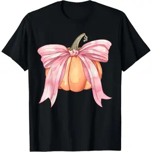 Coquette Autumn Pumpkin Pink Bow Girly Halloween Fall Women T-Shirt