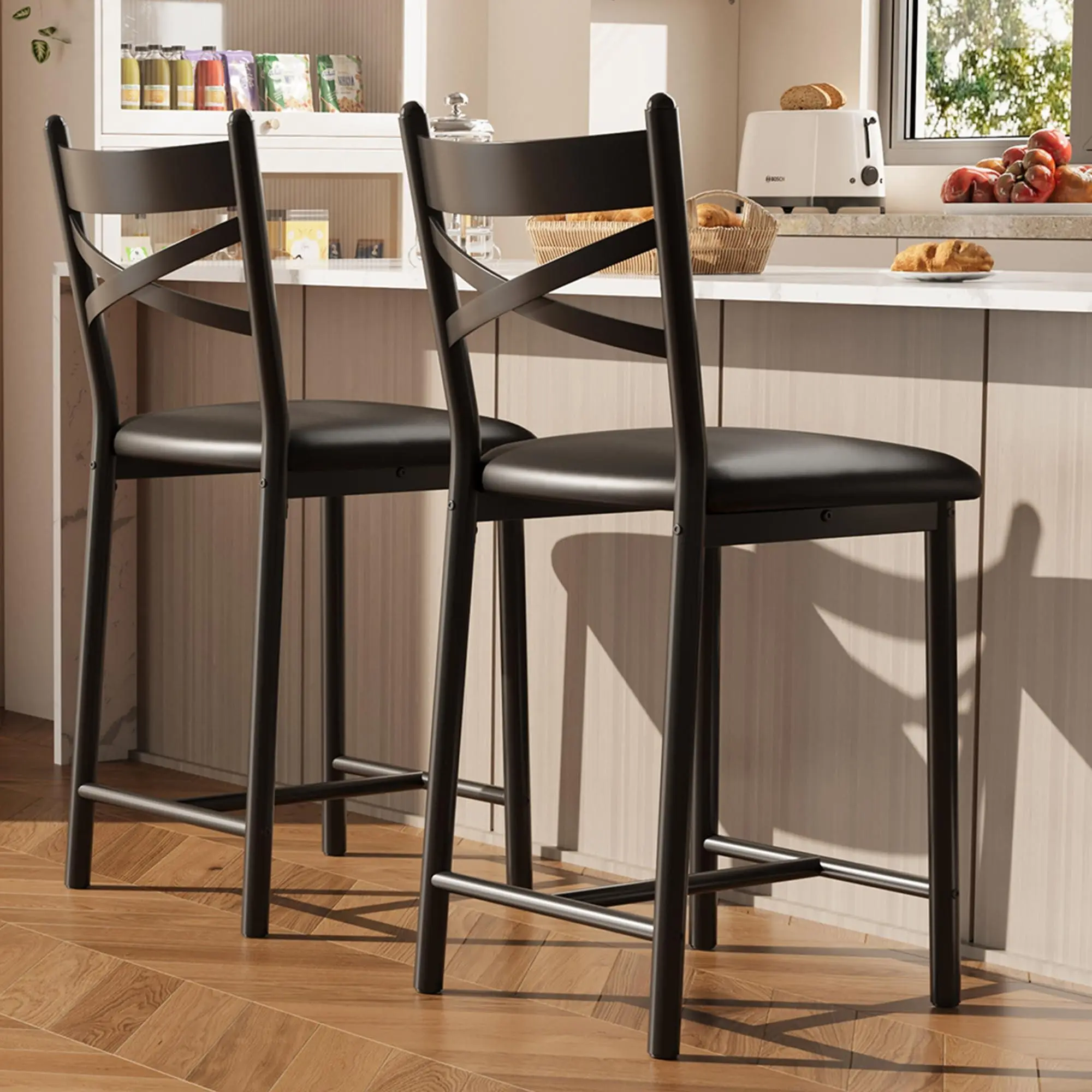 Garvee Bar Stools Set of 2, Counter Height Bar Chairs with Back and Thick Cushion, Upholstered Dining Chairs with Padded Seat, Barstools for Kitchen Island, Bar, Dining Room, Modern Black